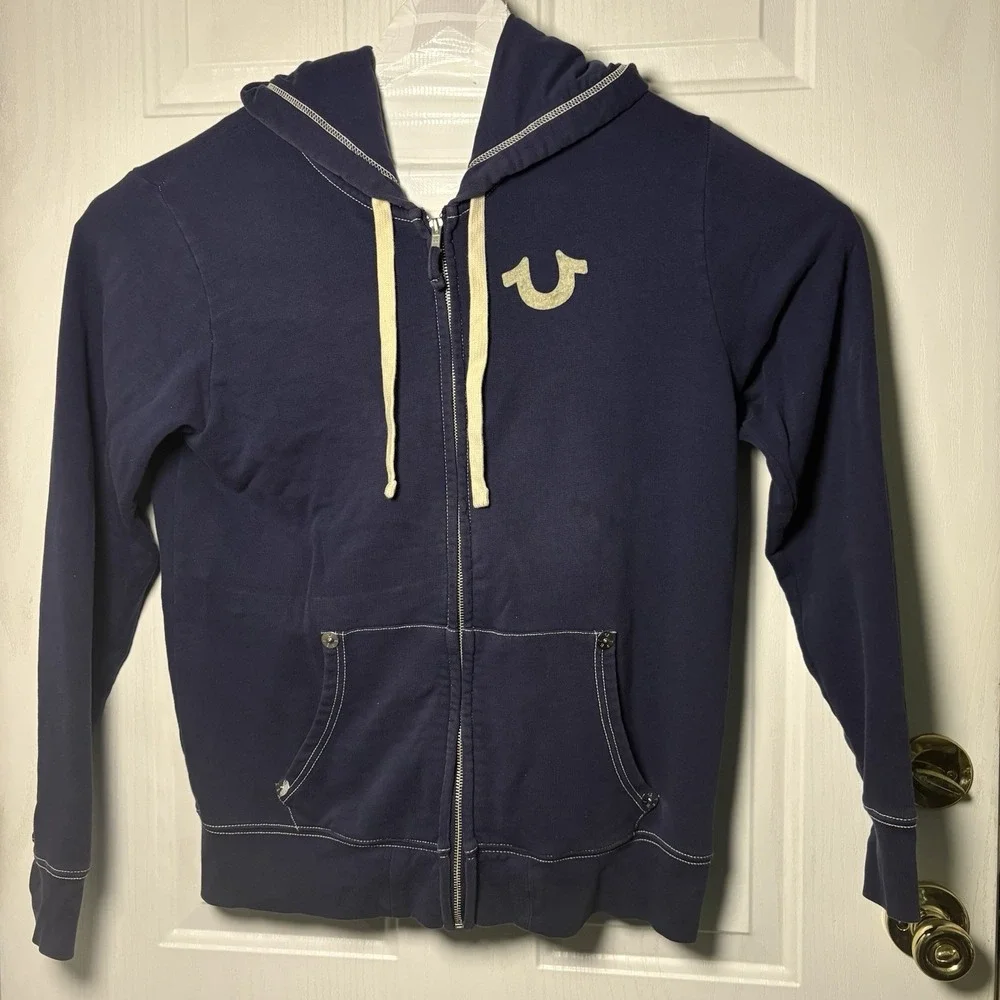 True Religion Jacket Big Back‎ Spell Out Front Emblem Hooded Navy Blue Sz L